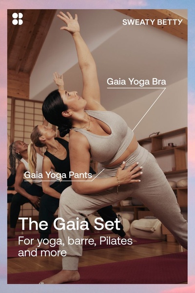 A split-view lifestyle ad showing a yoga instructor in a yoga set with clear text overlays identifying the individual product components.